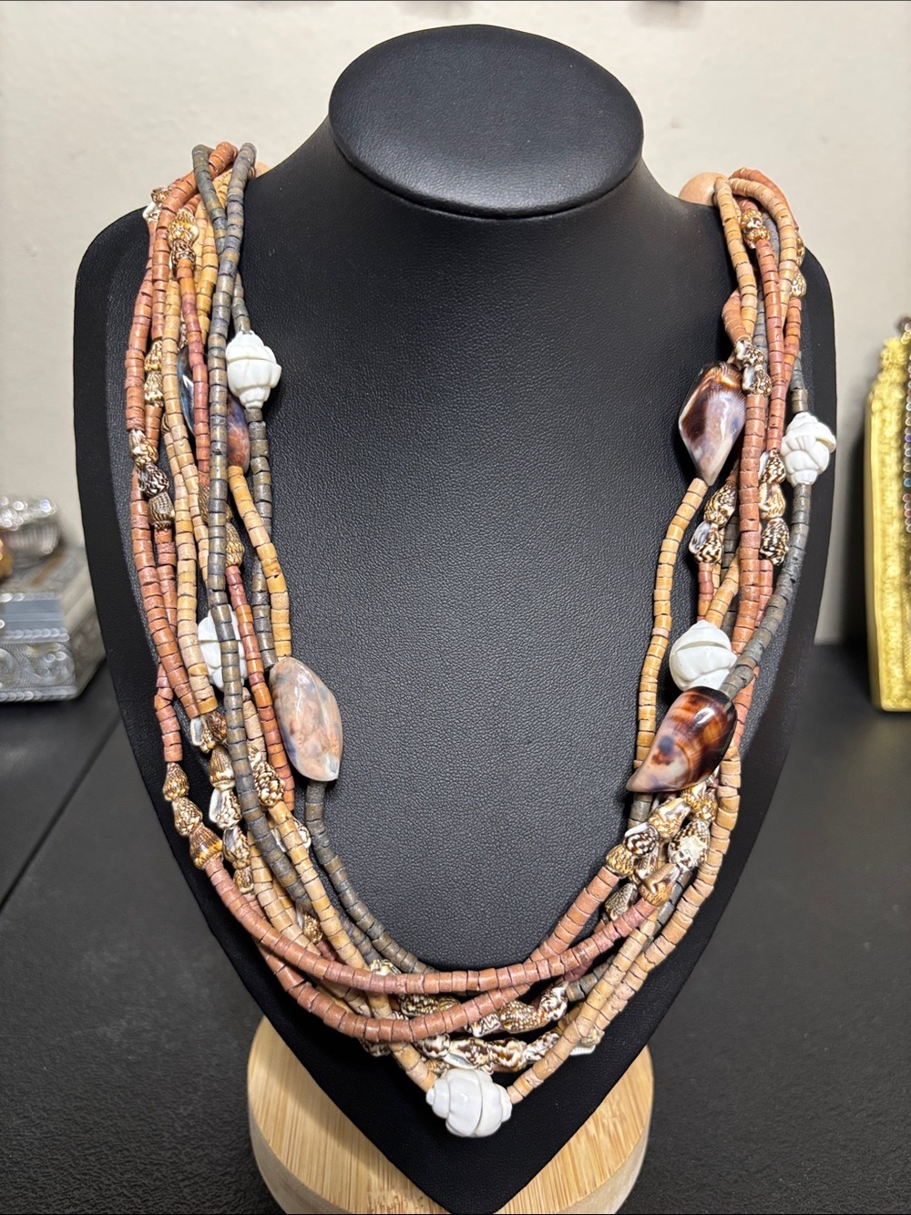 Multi-Strand Earth Tone Beaded Necklace Wood Shell Boho- Women's Jewelry